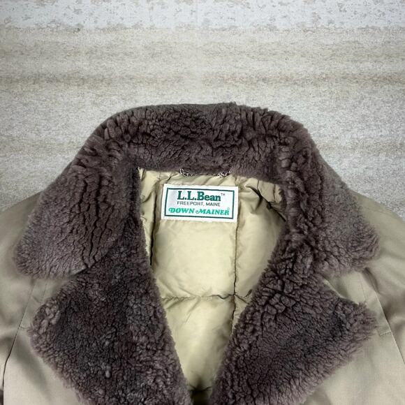 Vintage LL Bean Down Mainer Puffer Jacket Tan Trench Coat Insulated 90s - Picture 3 of 3